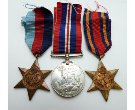 WWII medals awarded to 90420 G R Howells, Ashfield House, Swansea, comprising 1939-45 Star, Burma Star and War Medal together