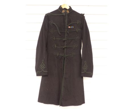 Victorian c1860 3rd (King's Own) Light Dragoons officer's frock coat of black cloth with black cord edging and black cord loo