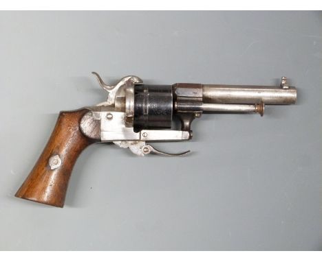 Belgian 7mm pinfire six-shot double action revolver with shaped wooden grips, folding trigger and 3.5 inch part octagonal bar