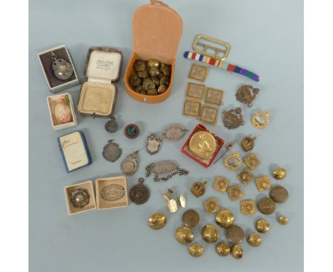 Military badges and silver fobs including Tank Regiment, Durham Light Infantry Association badge and ID tags for S D Ransome 