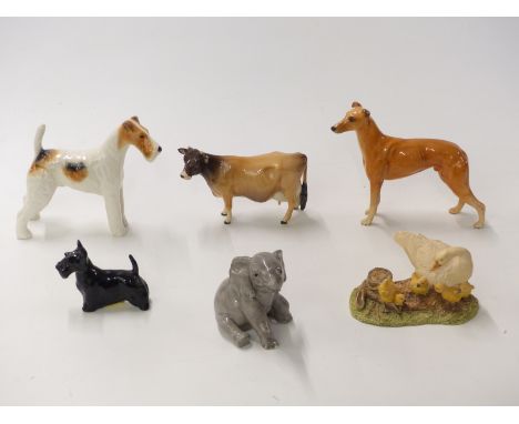 Six Beswick figures including Greyhound, Ayshire cow, Mind How You Go, studio sculptures figures etc