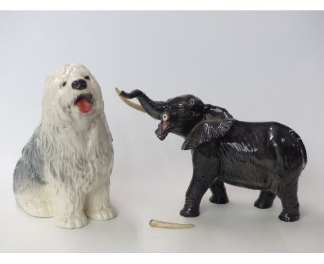 Large Beswick elephant and Beswick Old English Sheepdog, unmarked