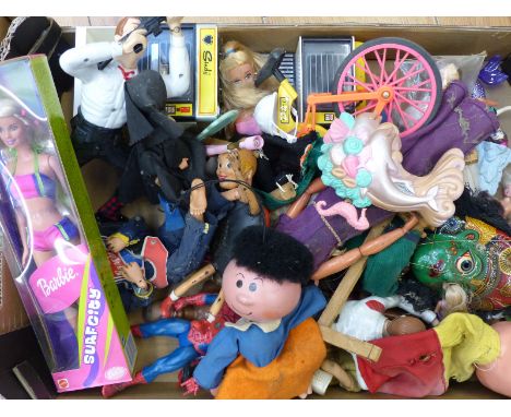 Large collection of dolls and action figures including Sindy, Barbie, Acton Man, Pinky and Perky, Spiderman etc 