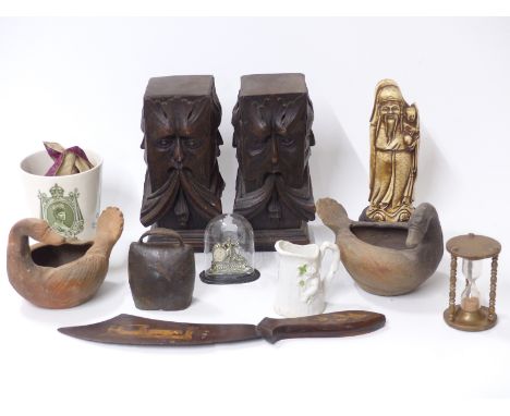 Two carved finials with 'Green Man' decoration, Chinese ceramic bird bowls, egg timer, ceramics etc (12)