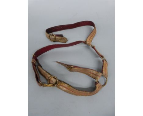 Victorian c1855 3rd Light Dragoons officer's waist belt with sword slings, in red leather with gold braid facing and serpent 