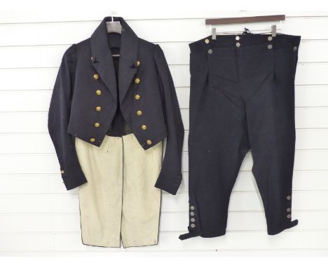 A c1845 Royal Edinburgh Yacht Club mess coat and trousers in black cloth, all buttons present