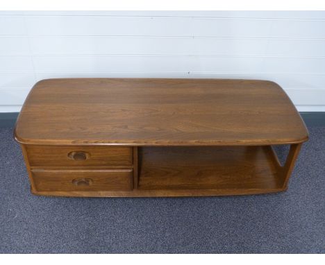 Ercol elm coffee table with two drawers below, length W124 x D53 x H40cm