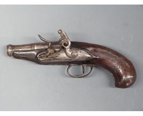 Left handed flintlock hammer action coat pistol with wire inlaid grip, shaped steel trigger guard and butt cap and 3.25 inch 