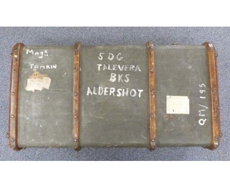 Ash bound trunk named Major Tomkins with service record for Lt Col Tomkins, who was awarded the MC at El Alamein, decorated i
