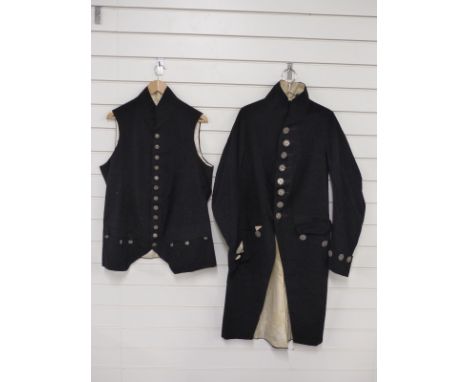 Georgian gentleman's tailcoat and waistcoat coat in blue cloth with silk lining, ornate embroidered sequin buttons to front, 