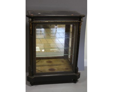 AN EBONISED CHIFFONIER, having bone string inlay, ormolu beaded and shaped borders, ram mask corner mounts, with blue and whi