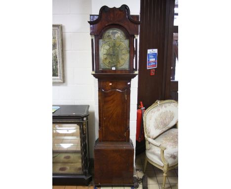 A GEORGIAN MAHOGANY LONGCASE CLOCK, eight day movement, arched brass face with cast spandrels, inscribed William Mordan Notti