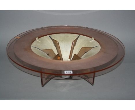 AN ART DECO PINK GLASS AND CHROME CEILING LIGHT, comprising of a circular pink glass ring on a cream painted chrome shade wit