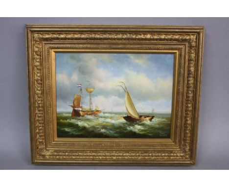 K. COSTERER (20th Century), Seascape with rowing boat at the shore's edge, larger boats, signed lower right, approximately 29