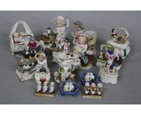 A COLLECTION OF LATE 19TH CENTURY CONTINENTAL PORCELAIN FAIRINGS AND SIMILAR CERAMIC ITEMS, all of animals and children, incl