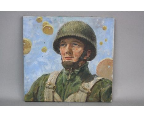 THOMAS CANTRELL DUGDALE, (1880-1952), Portrait of a World War II Airman with nine yellow parachutists coming down behind him,