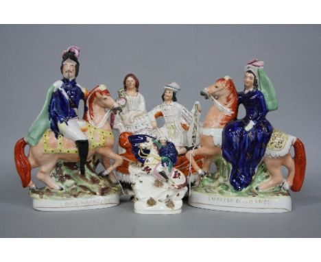 FOUR VICTORIAN STAFFORDSHIRE POTTERY FIGURES, comprising Louis Napolean and Empress of France, Napolean Bonaparte and a figur