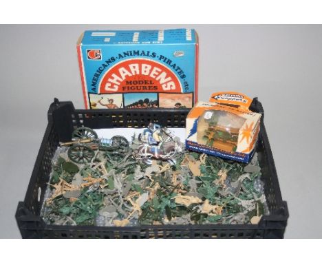 A BOXED BRITAINS SWOPPETS STRETCHER PARTY, no. 4336, appears complete but box damaged, with an empty cardboard Charbens model