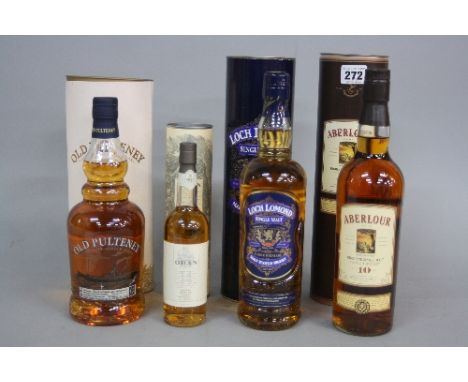 FOUR BOXED BOTTLES OF SINGLE MALT SCOTCH WHISKY, I x Aberlour 'St Drostons Well' 10 year aged, 70cl. 40% abv, 1 x Old Pultene