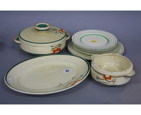 A CLARICE CLIFF BIZARRE PART DINNER SERVICE, comprising oval meat platter, oval length approximately 32cm, a vegetable tureen