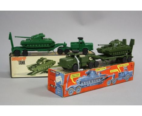 TWO BOXED RAPHEL LIPKIN / PIPKIN TOYS PLASTIC CONQUEROR TANK AND THORNYCROFT MIGHTY ANTAR TANK TRANSPORTER MODELS, no. 1124, 
