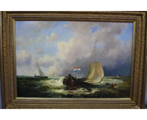 MATT THOMAS, (20th Century), French fishing vessel on shore in a stormy seascape, oil on canvas, signed lower left, approxima
