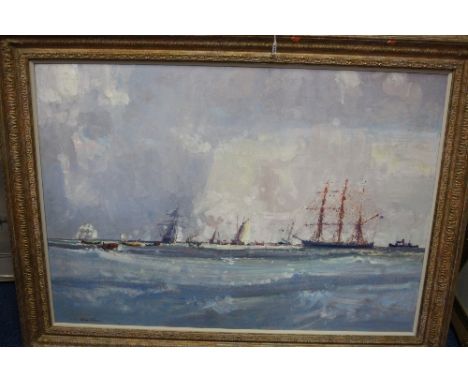 GEOFFREY CHATTEN, (b.1938-), Sails off Yarmouth, extensive seascape, oil on board, signed with initial lower left, approximat