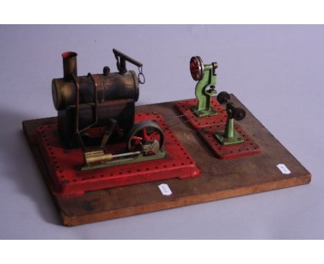 AN UNBOXED MAMOD LIVE STEAM ENGINE, No. SE2A, not tested, with Mamod Grinding Machine and Power Press, all mounted on a baseb