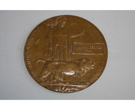 WW1 MEMORIAL DEATH PLAQUE, named to Willaim George FALL. There are 2 possible listings on the CWGC (Commonwealth War Graves D