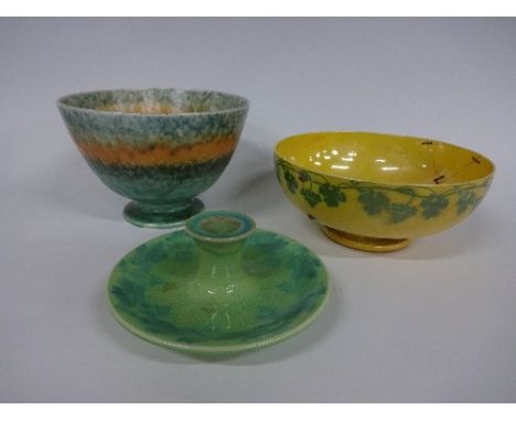 RUSKIN POTTERY, comprising footed eggshell bowl in yellow lustre having trailing grape and foliage border, scissor mark and 0