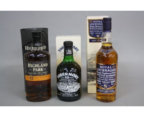 THREE BOXED BOTTLES OF SINGLE MALT SCOTCH WHISKY, 1 x Tobermory 10 year aged, 70cl. 40% abv, 1 x Royal Lochnagar 12 year aged