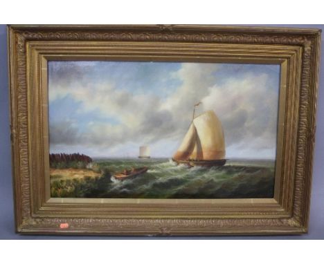 J. LAWRENCE (20th Century), Seascape with rowing boat at the shore's edge, larger boats beyond, oil on board, signed lower le