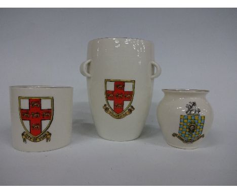 W H GOSS YORKSHIRE CRESTEDWARE, comprising York mug, Filey vase, Pickering urn vase, Sheffield Wensleydale leather Jack Rd.No