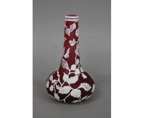 A CONTEMPORARY CAMEO GLASS VASE, having squat globular body and tapering long neck, ruby glass ground with opaque butterflies