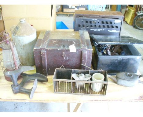 Sundry items including fittings to  a pine box, assorted tools to a second pine box, storm lamp, cobblers last , etc.