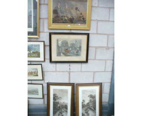 A 19th Century coloured engraving , a coaching print, and a pair of black and white prints " Milking time " and 1 other. (4)