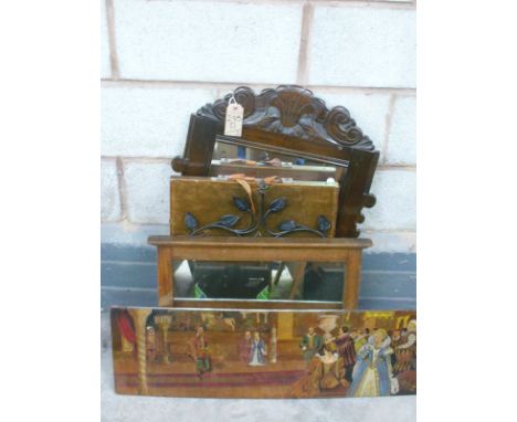 A Carved oak wall mirror, second mirror , print on board , etc.(5)
