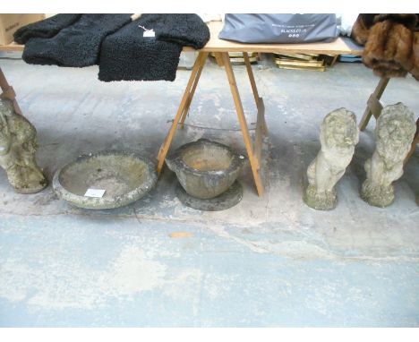 Composition garden ornaments including 3 seated lions, planter, etc (6)