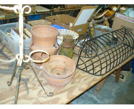 A Pair of iron work plant pot holders, assorted planters and pots, wall mounted iron basket planter , hanging baskets, etc.