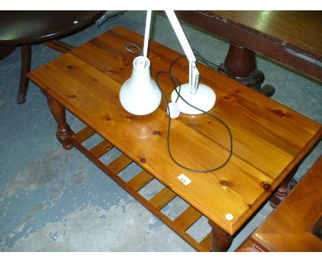 A modern pine coffee table with slatted under-shelf and an adjustable desk lamp (2)