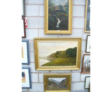 Bridge over a waterfall , oil on canvas , un signed , cattle beside a lake with church in the distance , oil on canvas and  a