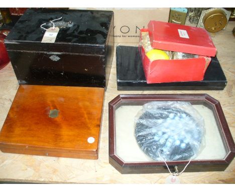 A Hinged painted pine box, cutlery box, coloured boules, backgammon and solitaire , etc.