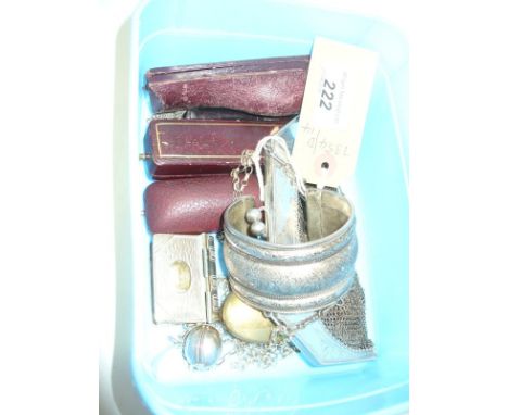 A Collection of four stick pins, a white metal bangle, a continental art deco chain mail bag with silver mounts, a smaller ex