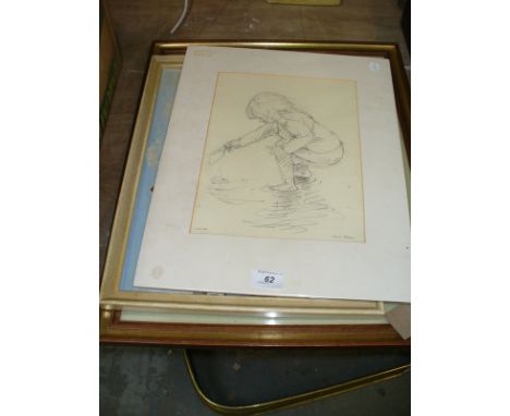 June Allen , pencil sketch of a young girl on the beach, Ray Fitzgerald , boats on the beach in a harbour, oil on board and J