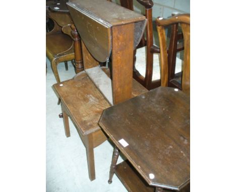 An early 20th Century walnut occasional table with an under shelf, an oak drop leaf occasional table and a square oak occasio