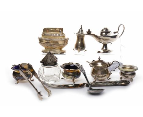 LOT OF SILVER AND SILVER PLATED ITEMSincluding a Ronson Queen Anne lighter, Aladdin's lamp lighter, 12cm wide, Birmingham 191