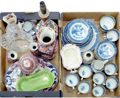 A BOOTHS WILLOW PATTERN TEA SERVICE, A MASON'S IRONSTONE JUG, A CUT GLASS BASKET, ONE AND A PAIR OF IMARI VASES, ETC