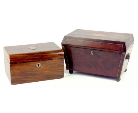 AN INLAID MAHOGANY TEA CADDY AND A WALNUT BOX, BOTH 19THC