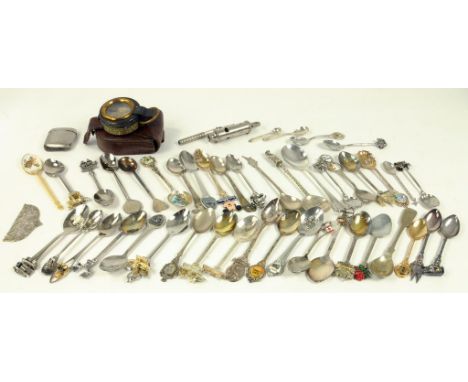MISCELLANEOUS METALWARE TO INCLUDE SOUVENIR SPOONS, CONTINENTAL COMB, VESTA CASE, ETC