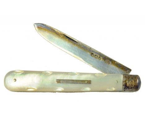 A VICTORIAN SILVER FRUIT KNIFE, THE MOTHER OF PEARL SCALES CARVED WITH NODULES, SHEFFIELD 1893